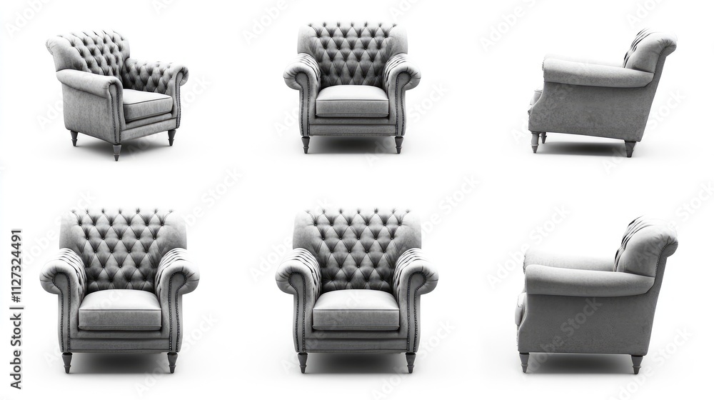 Fototapeta premium Classic tufted armchair displayed from multiple angles on a clean white background for furniture design and decor concepts