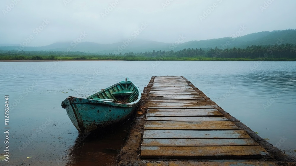 Fisherman boat moored at jetty on a misty monsoon day with serene waters and distant hills in the background Fisherman boat moored at jetty on a misty monsoon day with serene waters and distant hills in the background
