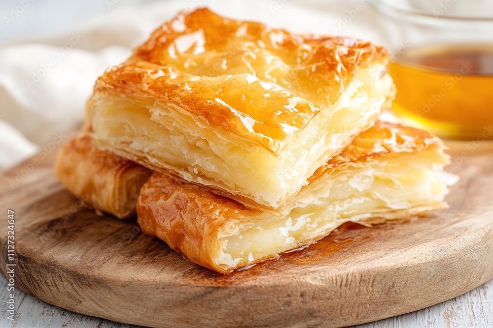 Golden pastry squares with sweet honey drizzle Golden pastry squares with sweet honey drizzle
