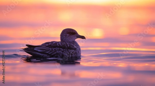 Immature Pomarine Skua gracefully floating on calm waters under a vibrant sunset sky with shimmering reflections photo