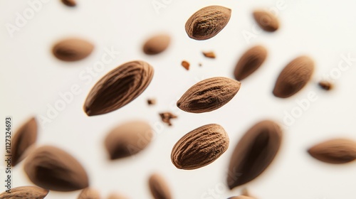 High resolution close up of raw almonds floating against a soft white background showcasing their texture and natural beauty. photo