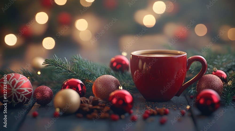 Cozy red coffee cup surrounded by Christmas ornaments and seasonal greenery on a festive table with soft bokeh lights in the background Cozy red coffee cup surrounded by Christmas ornaments and seasonal greenery on a festive table with soft bokeh lights in the background