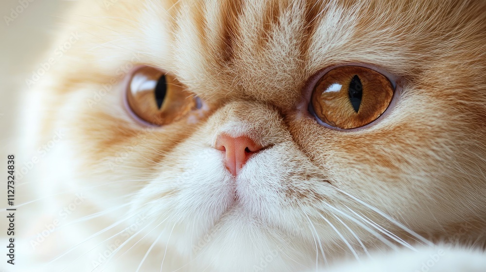 Close up of a chinchilla cat showcasing large brown eyes, a small nose, and prominent whiskers in a soft light background Close up of a chinchilla cat showcasing large brown eyes, a small nose, and prominent whiskers in a soft light background
