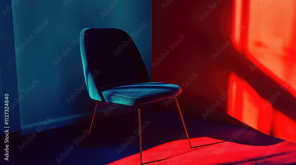 Modern chair casting vibrant shadows in red and blue on the floor and wall creating a striking artistic ambiance in a minimalist setting Modern chair casting vibrant shadows in red and blue on the floor and wall creating a striking artistic ambiance in a minimalist setting