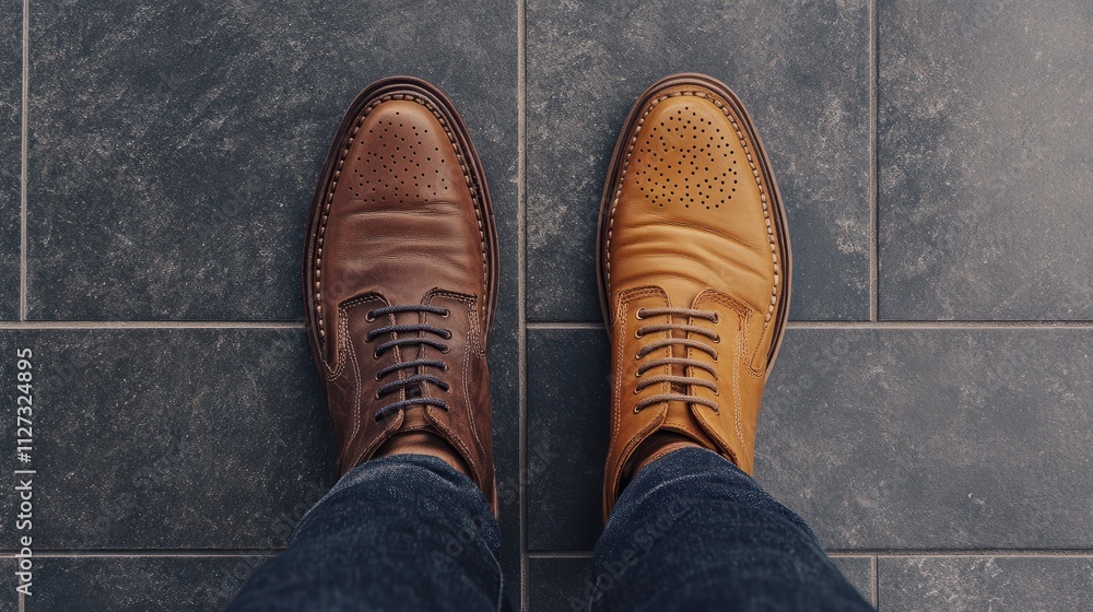 Work Life Balance Concept. Low Section of a Man Standing with Half of Working Shoes and Casual Traveling Shoes Work Life Balance Concept. Low Section of a Man Standing with Half of Working Shoes and Casual Traveling Shoes