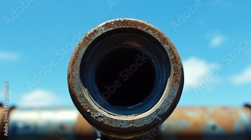 Detailed view of a vintage cannon muzzle against a clear blue sky highlighting rusty textures and historical significance