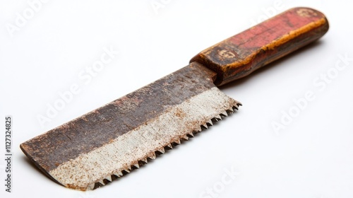 Vintage rusty saw with wooden handle isolated on white background for carpentry or DIY project themes photo