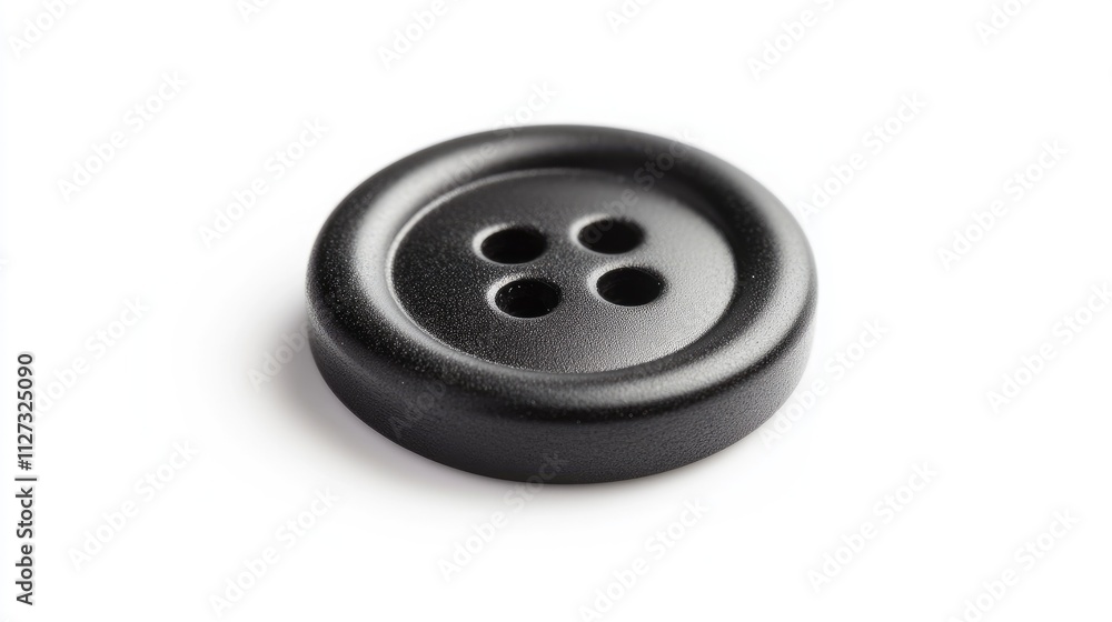 Black button with four holes placed on a clean white background for clothing and sewing design concepts. Black button with four holes placed on a clean white background for clothing and sewing design concepts.