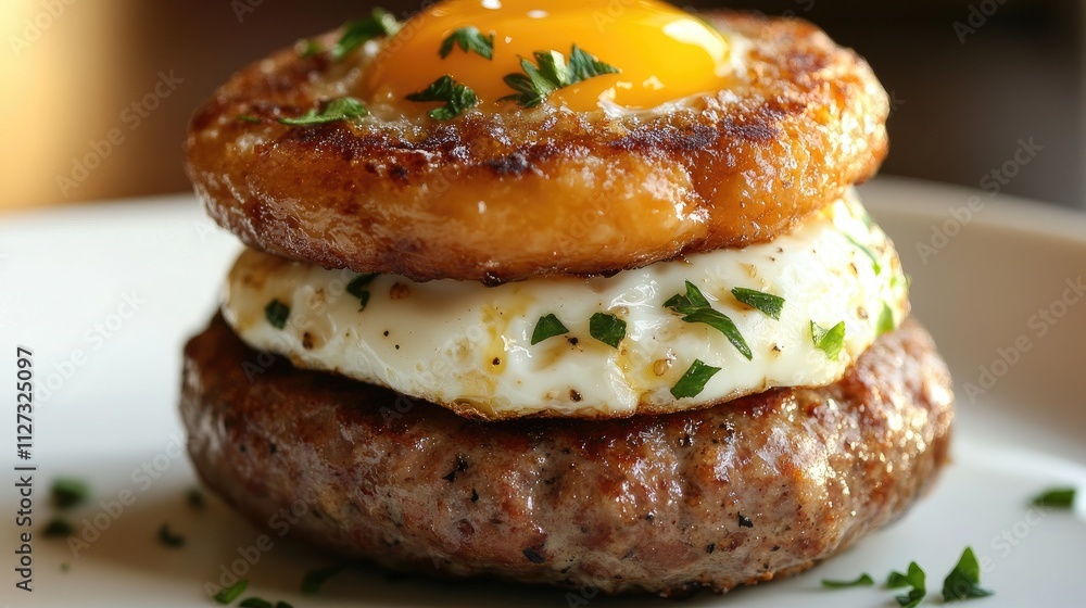 Savory Breakfast Stack with Classic Sausage, Fried Egg, and Crispy Hash Brown Garnished with Fresh Herbs Savory Breakfast Stack with Classic Sausage, Fried Egg, and Crispy Hash Brown Garnished with Fresh Herbs