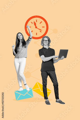 Vertical creative art collage of two girl guy business partners type message deadline clock watch sms isolated on painting background photo