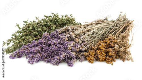 Dried herbs collection with essential oils arranged on a white background showcasing natural aromatherapy ingredients. photo