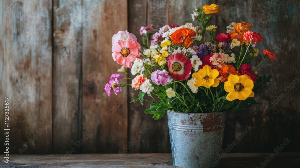 Colorful wildflowers arranged in a rustic tin pot against a wooden background for a charming home decor aesthetic Colorful wildflowers arranged in a rustic tin pot against a wooden background for a charming home decor aesthetic