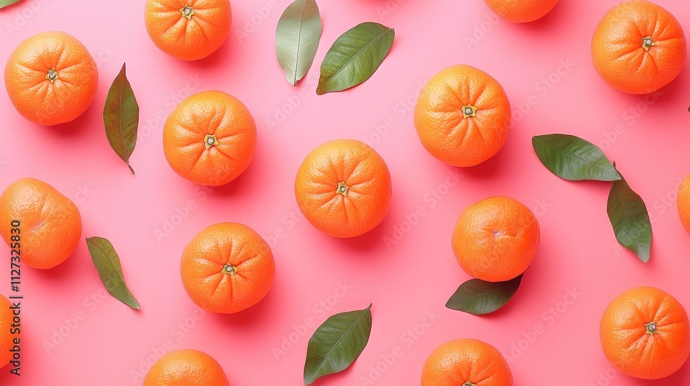 Flat lay of fresh organic tangerines with green leaves on a vibrant pink background ideal for healthy food promotion and design projects Flat lay of fresh organic tangerines with green leaves on a vibrant pink background ideal for healthy food promotion and design projects
