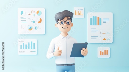 Confident Businessman Reviewing Data Charts and Graphs in 3D Illustration