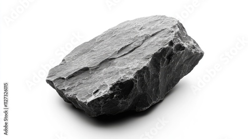 Textured grey stone boulder isolated on white background showcasing natural mineral patterns and rugged surface details