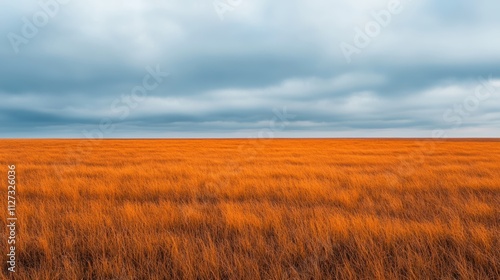 Minimalist barren landscape transitioning into lush fields under cloudy sky