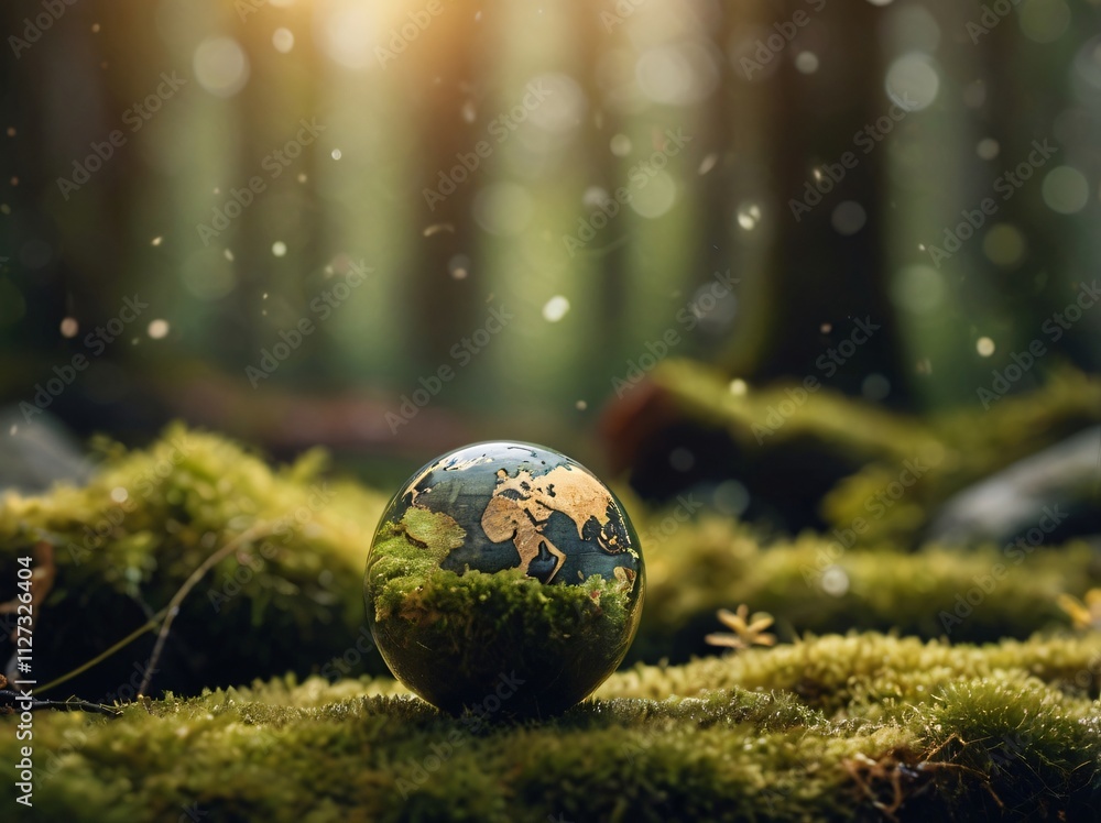 Globe On Moss In Forest - Environmental Concept. Space for text, copy space Globe On Moss In Forest - Environmental Concept. Space for text, copy space