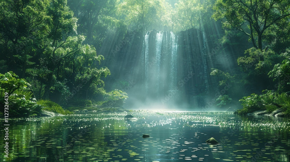 A lush green forest with a waterfall and a stream A lush green forest with a waterfall and a stream