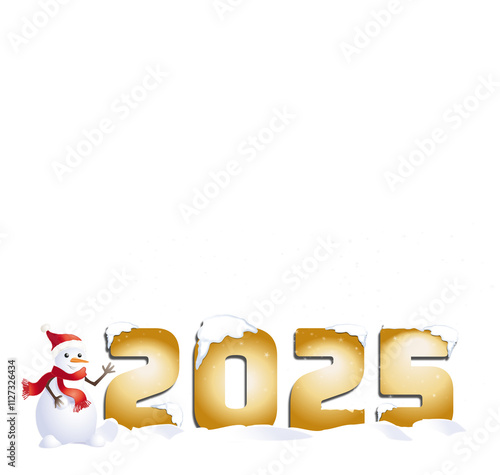 2025  doré dans la neige,recouvert de neige à côté d'un bonhomme de neige, illustration sur fond transparent