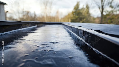 Wallpaper Mural Close up of flat roof drain with waterproofing rolls and water pooling reflecting trees in the background on a cloudy day Torontodigital.ca