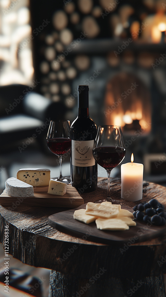 Cozy wine setup with cheese and warm ambiance Cozy wine setup with cheese and warm ambiance