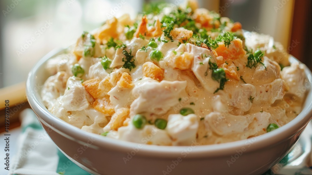 Creamy chicken and cheese salad crafted with fresh herbs and crunchy toppings in a rustic bowl on a floral tablecloth Creamy chicken and cheese salad crafted with fresh herbs and crunchy toppings in a rustic bowl on a floral tablecloth