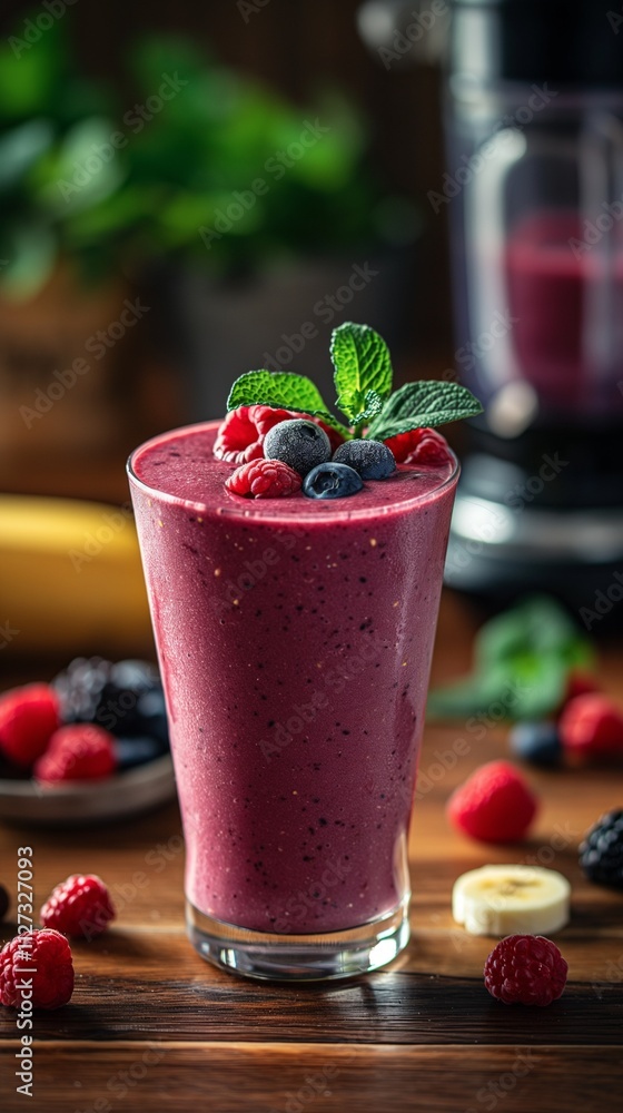 A tall glass with a thick berry smoothie of a rich red-burgundy color A tall glass with a thick berry smoothie of a rich red-burgundy color