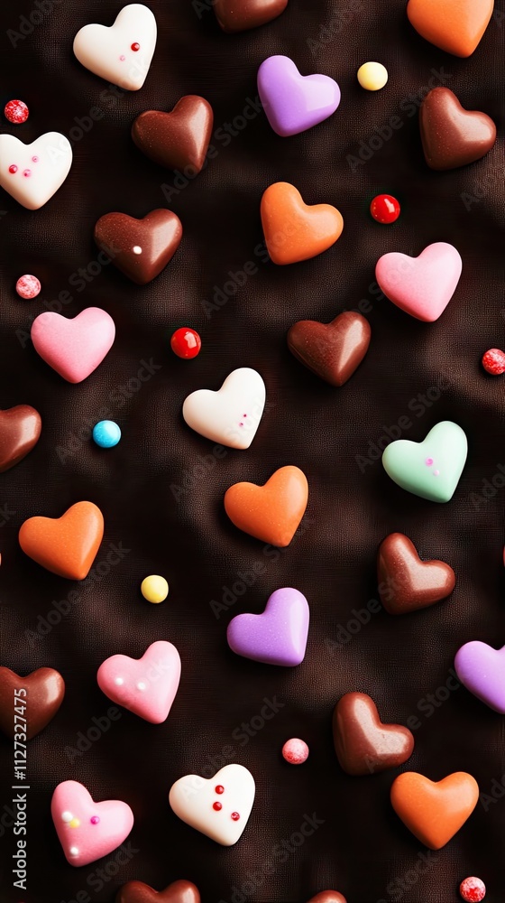 Colorful heart-shaped candies in various shades are neatly arranged on a dark brown woven fabric. The composition conveys a romantic ambiance, perfect for celebrations Colorful heart-shaped candies in various shades are neatly arranged on a dark brown woven fabric. The composition conveys a romantic ambiance, perfect for celebrations