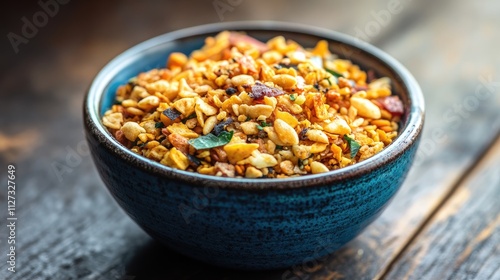 Colorful Indian snacks mixture served in a vibrant blue bowl on a rustic wooden surface