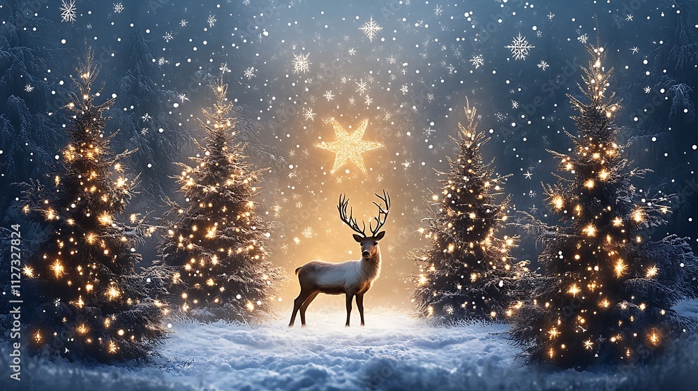 Majestic deer stands in snowy forest, illuminated by Christmas trees and star. Majestic deer stands in snowy forest, illuminated by Christmas trees and star.