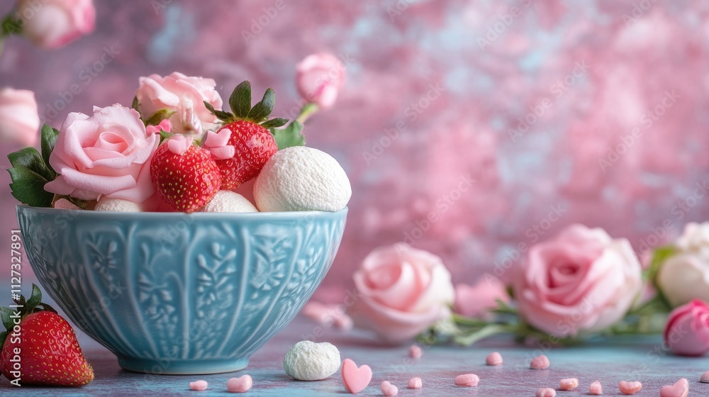 Spring strawberries in blue bowl surrounded by pink roses and meringues creating a fresh and romantic aesthetic for vibrant celebrations Spring strawberries in blue bowl surrounded by pink roses and meringues creating a fresh and romantic aesthetic for vibrant celebrations