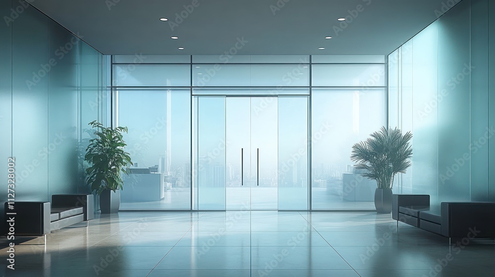 Fototapeta premium Modern Office Lobby with City View