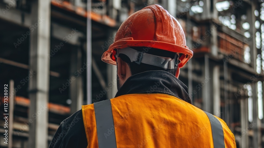 Firefighting safety training in construction setting with worker wearing helmet and safety vest observing site operations Firefighting safety training in construction setting with worker wearing helmet and safety vest observing site operations