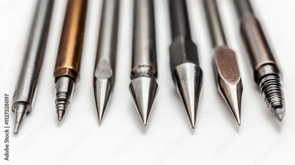 Variety of soldering iron tips arranged in triangular layout showcasing conical chisel bevel and knife designs on white background Variety of soldering iron tips arranged in triangular layout showcasing conical chisel bevel and knife designs on white background