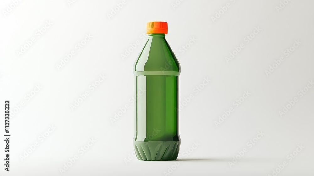 Green plastic beverage bottle with orange cap positioned on a clean white background showcasing minimalistic product design for commercial use. Green plastic beverage bottle with orange cap positioned on a clean white background showcasing minimalistic product design for commercial use.