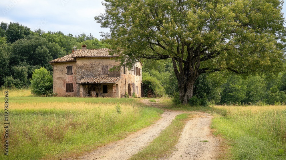Italian countryside landscape featuring an old farmhouse along a dirt road shaded by a large tree surrounded by lush greenery. Italian countryside landscape featuring an old farmhouse along a dirt road shaded by a large tree surrounded by lush greenery.