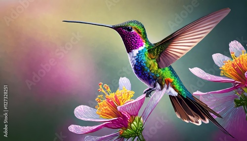 Impresionante ilustracin realista y fotogrfica de un colibr colorido en alta definicin, capturando cada detalle de su plumaje vibrante y su elegante vuelo en un entorno natural cautivador. photo