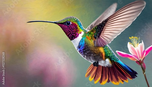 Ilustracin realista y fotogrfica de un colibr colorido en alta definicin, mostrando detalles vibrantes de su plumaje y la belleza de su entorno natural, ideal para amantes de la naturaleza y el arte. photo