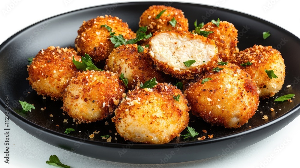 Crispy breadcrumb-coated fried chicken pieces garnished with fresh parsley on a sleek black plate isolated against a clean white background Crispy breadcrumb-coated fried chicken pieces garnished with fresh parsley on a sleek black plate isolated against a clean white background