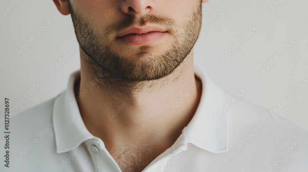 Obraz premium Contemporary closeup of a stylish man in a white polo shirt against a minimalist white background showcasing modern male fashion trends