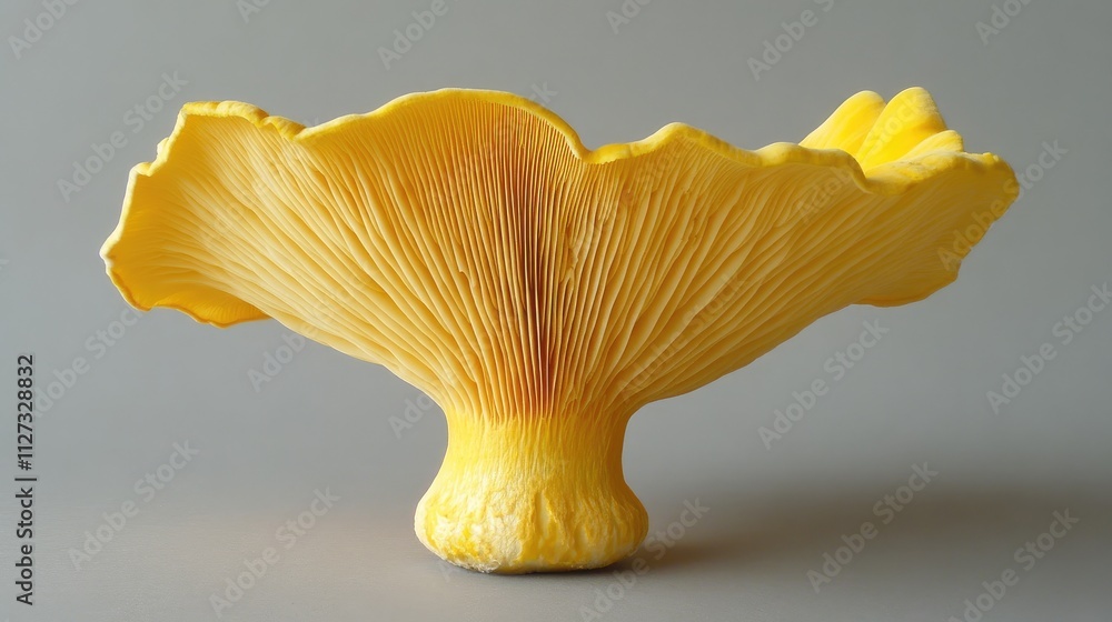 Bright yellow Hygrocybe persistens mushroom showcasing vibrant gills and unique shape against a neutral background in Norway Bright yellow Hygrocybe persistens mushroom showcasing vibrant gills and unique shape against a neutral background in Norway
