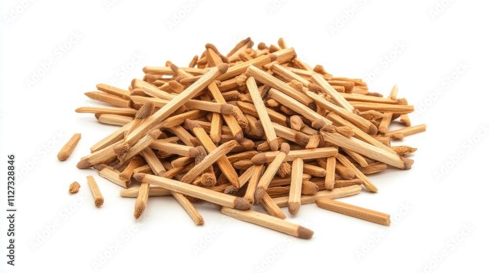 Heap of wooden matchsticks scattered on a clean white background showcasing natural textures and colors for artistic or commercial use. Heap of wooden matchsticks scattered on a clean white background showcasing natural textures and colors for artistic or commercial use.