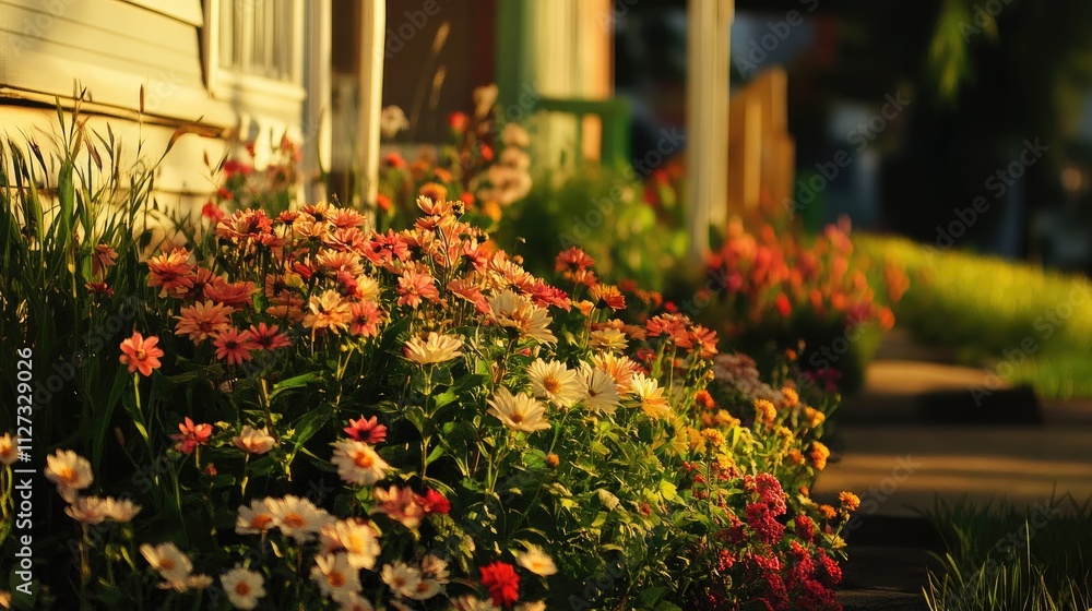 Obraz premium Vibrant flower garden blooming in front of a charming house during golden hour highlighting nature's beauty and curb appeal