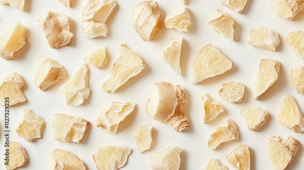 Dried ginger pieces scattered on a light background showcasing their unique shapes and textures for culinary or health-related uses Dried ginger pieces scattered on a light background showcasing their unique shapes and textures for culinary or health-related uses