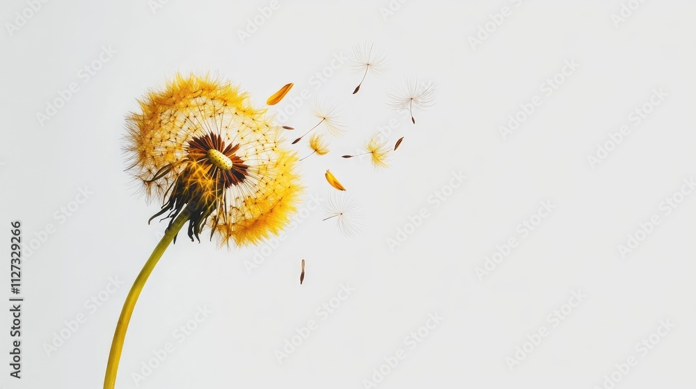Obraz premium Yellow dandelion in bloom with seeds dispersing against a white background showcasing nature's beauty and delicate transformation
