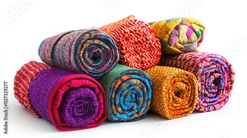 Vibrant stacked fabric rolls showcasing diverse patterns and rich colors on a white background. Perfect for textile and craft designs.