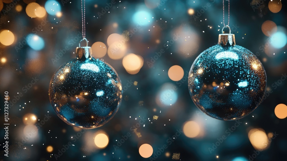 Festive Christmas ornaments on a shimmering background with bokeh lights creating a magical holiday atmosphere Festive Christmas ornaments on a shimmering background with bokeh lights creating a magical holiday atmosphere