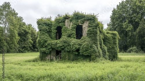 Abandoned farm building overgrown with lush greenery in a serene meadow surrounded by trees in Houthalen Belgium photo