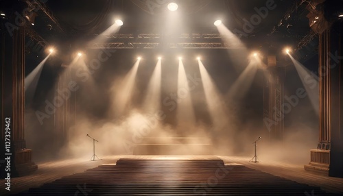 Immerse Yourself in an Ethereal World A Dark Stage Transformed with Enigmatic Mist, Fog, and Browning Hues, Evoking a Dreamlike Atmosphere of Mystery and Intrigue