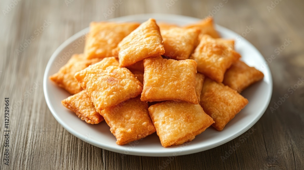 Traditional Indonesian Kerupuk crackers served on a white plate, highlighting crispy texture and golden color on a rustic wooden table. Traditional Indonesian Kerupuk crackers served on a white plate, highlighting crispy texture and golden color on a rustic wooden table.